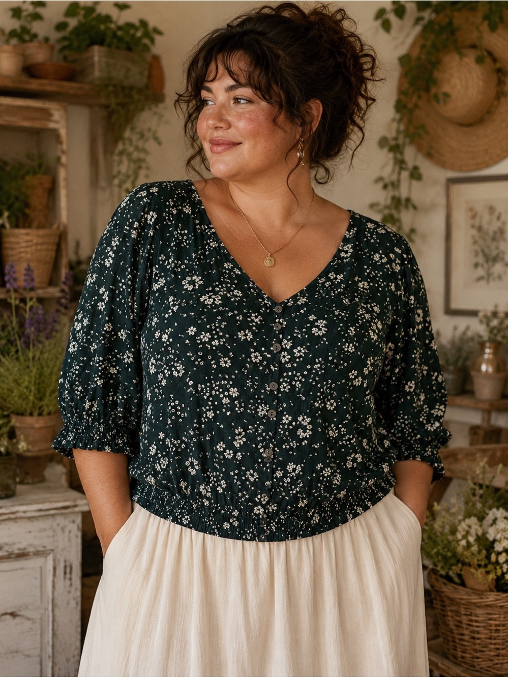 Oversized Green Floral Cottagecore Blouse 2X 3X Boho Peasant Top
